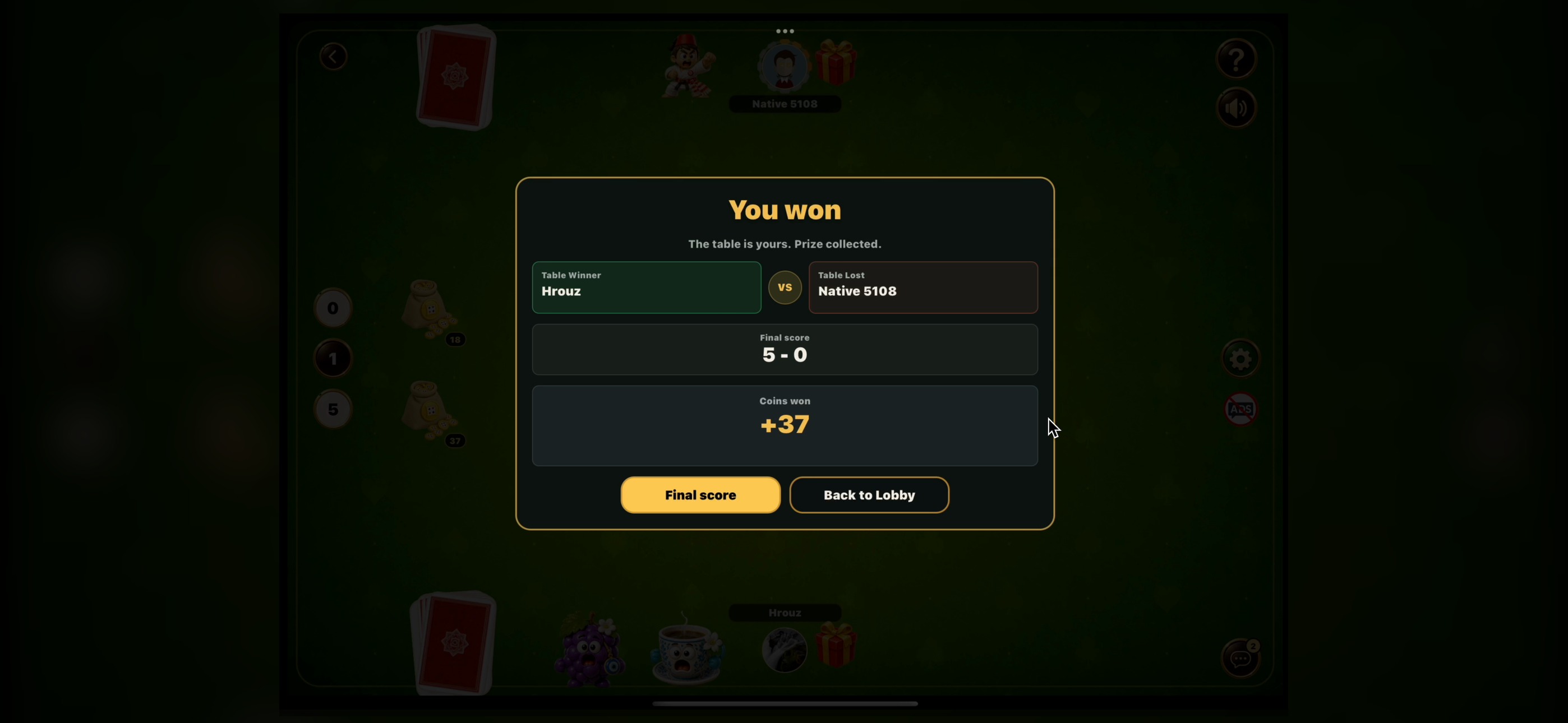 Round result screen in Multiplayer Chkobba